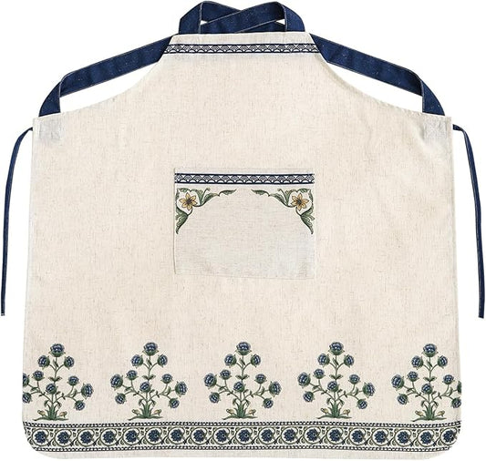 patdrea Blue Floral Linen Apron with Pocket,French Kitchen Garden Chef BBQ Aprons for Women and Men,Crisscross Back Straps