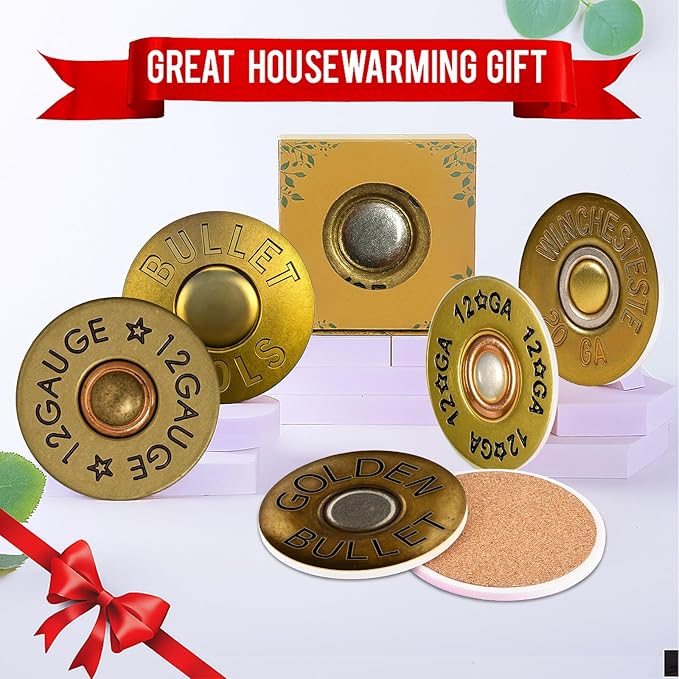 Coasters for Drinks with Holder Set of 6, Shotgun Shell Ceramic Coaster Absorbent for Office Desk Table Coasters Kitchen Decor House Warming Gifts for New Home Couples, Round 4"