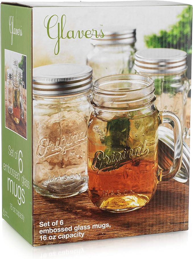 Glaver's Mason Jar 16 Oz. Glass Mugs with Handle and Lid Set Of 6 Old Fashioned Drinking Glass Bottles Original Mason Jar Pint Sized Cup Set.