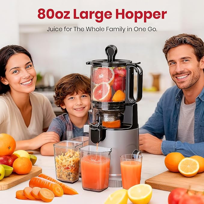 LAUDLIFE Cold Press Juicer Machine, 5.9" Wide Feed Chute Juice Extractor, 80 oz Large Hopper, Easy to Clean & High Juice Yield, BPA Free, Slow Masticating Juicer for Whole Fruits & Vegetables