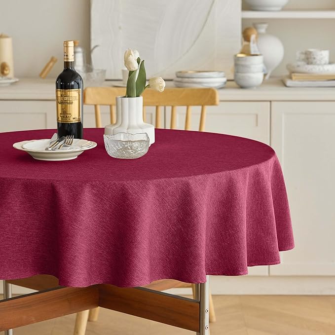 Christmas Red Waterproof Round Table Cloth for Round,Decorative Farmhouse Tablecloths Table Cover for Holiday,Banquet,Dining& Kitchen (60 Inch,Round (2-4 Seats,Burgundy)