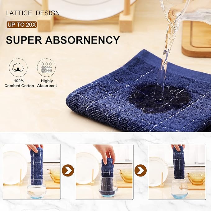 Mordimy 100% Cotton Terry Cloth Kitchen Towels, Super Soft and Absorbent Dish Towels for Drying, Checkered Designed Hand Towels for Kitchen, 16 x 26 Inches, 6 Pack, Navy