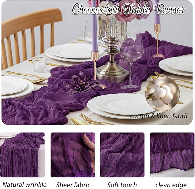 Plum Purple Cheesecloth Table Runner 6 Pack 35" Boho Gauze Runner 120 inches Long Rustic Sheer Fabric Bulk for Baby Shower Wedding Bridal Birthday Party Table Decorations