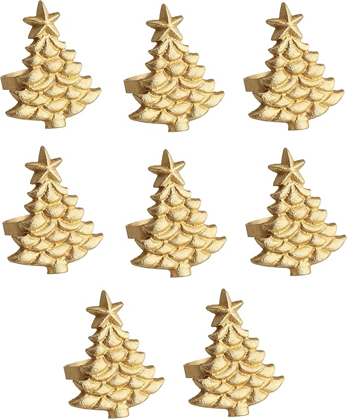 COTTON CRAFT Christmas Tree Napkin Rings - 8 Pack - Merry Xmas Hallelujah Holiday Dining Table Handmade Metal Napkin Holder - Joy Rejoice Festive Elegant Celebration Party Gift Tabletop Décor - Gold