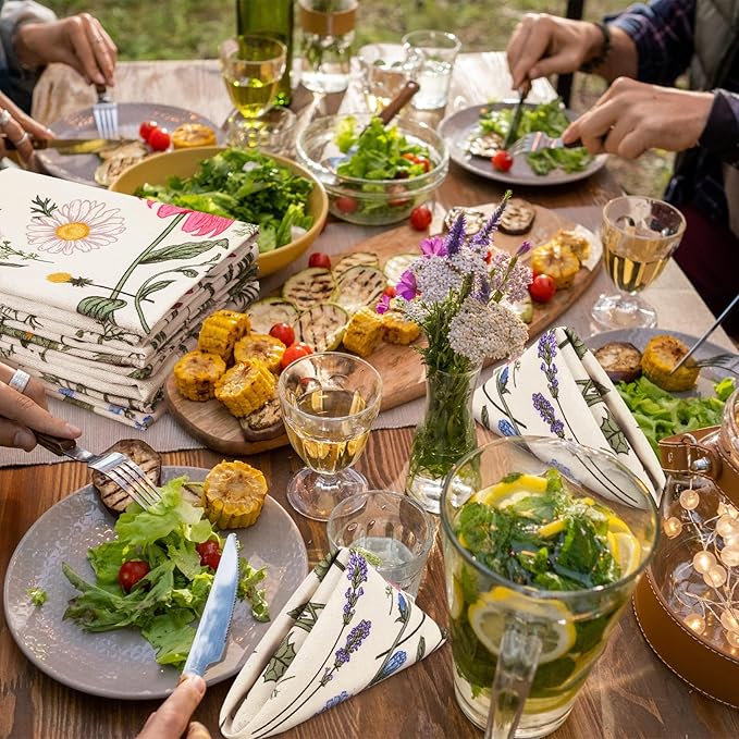 36 Pcs Herbs and Wild Flowers Cloth Napkins Floral Plants Reusable Napkins Country French Toile Dinner Soft Absorbent for Summer Holiday Party