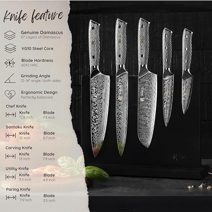 Wakoli Noir Blanc Damascus Knife Block Set – 5-Piece Professional Chef Knife Collection with Magnetic Block – Kitchen Knives made of 67-Layer Damascus Steel Blades & Ergonomic G10 Handles in Gift Box