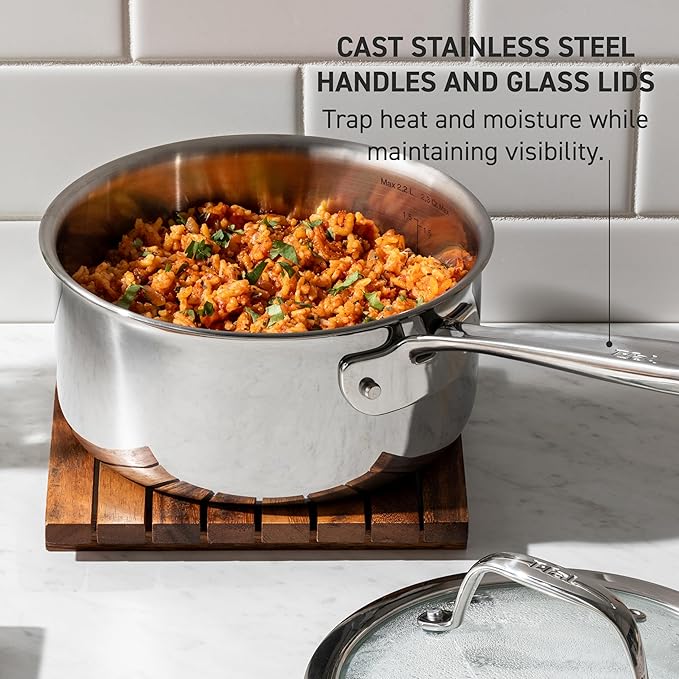T-Fal Pro Tri-Ply Stainless Steel Cookware Set 13 Piece Induction Compatible, Oven Safe 500F, Lids 350F, Fast & Even Heat, Pots and Pans Set, Professional Quality, Kitchen Essentials, Silver