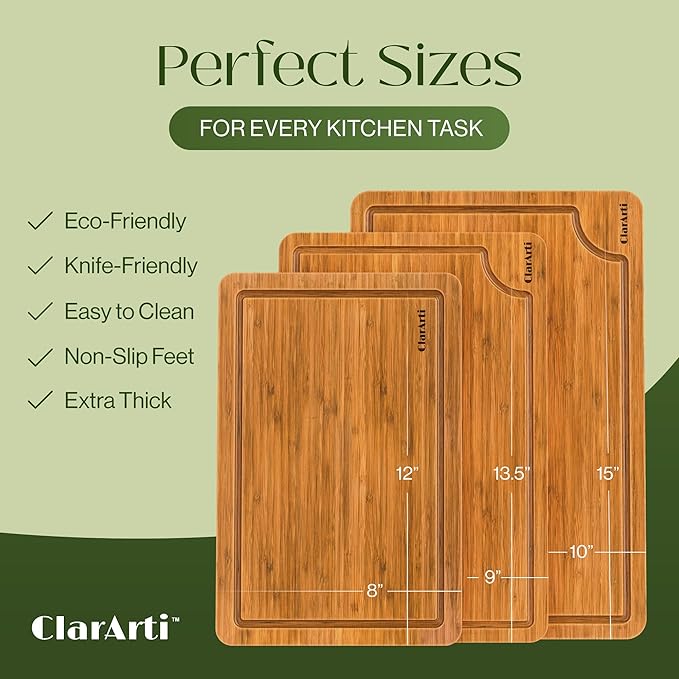 ClarArti - Organic Bamboo Cutting Boards for Kitchen – Set of 3 Non-Toxic Wood Cutting Board with Non-Slip Design – Durable Anti-Slip Bamboo Boards for Chopping & Serving