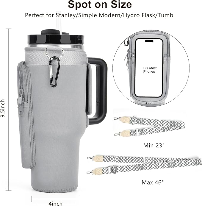 LOKASS Personalized Water Bottle Holder with Strap for Stanley Cup Accessories 40 oz Tumbler, Initial Water Bottle Carrier Bag/Phone Pocket, Mother's Day/Birthday Gifts for Women/Girls