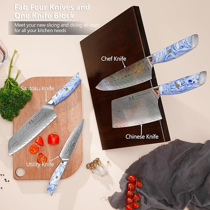 SHANGDAO Damascus Kitchen Knife Set with Magnetic Knife Block, 5 PCS Razor Sharp Kitchen Knives Made of Japanese Damascus Steelwith Block, Full Tang Ergonomic Resin Handle Chef Knife With Gift Box