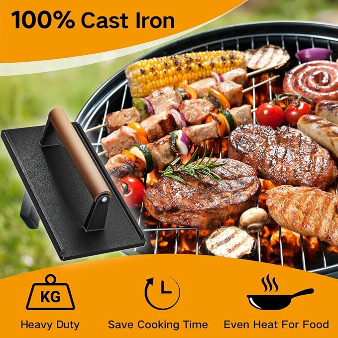 Yoehka Cast Iron Grill Press-1PCS, Heavy Duty Bacon/Burger/Griddle/Chef Press with Wood Handle, Perfectly Grilled Steak,Meat,Sandwich,Panini, 2.25lbs Cooking Weight,Rectangle(8.27"×4.25"×3.35”in)