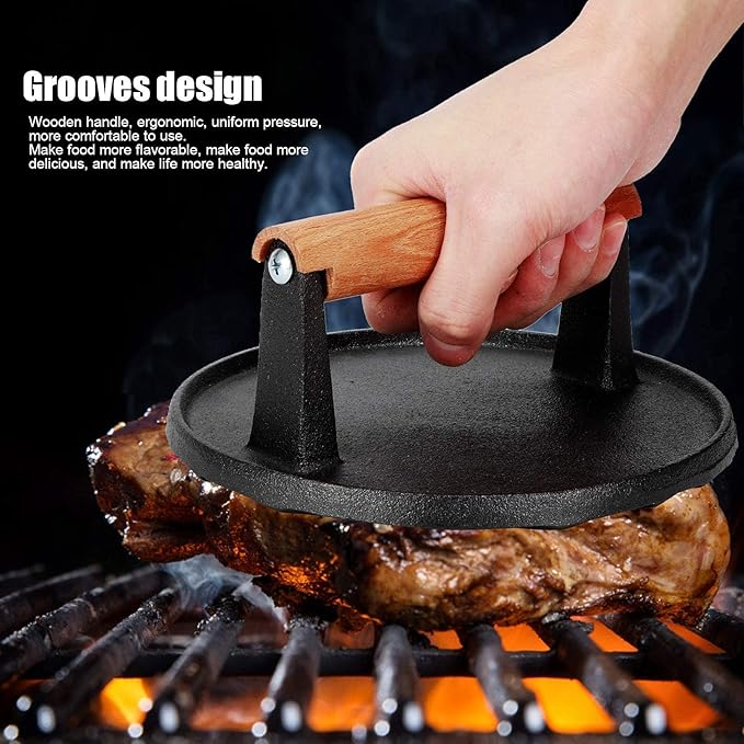 Cast Iron Grill Press, 7.1x7.1x3.1 Inch Round Bacon Press with Wooden Handle for Grill Tools BBQ Tools