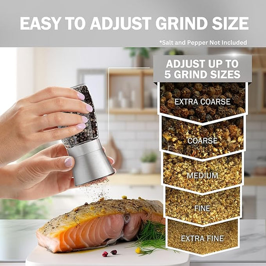 Home EC Original Stainless Steel Sea Salt and Pepper Grinder Set of 2 - Adjustable Ceramic - Glass Salt and Pepper Shakers - Kitchen Pepper Mill & Salt Mill W/Funnel & EBook