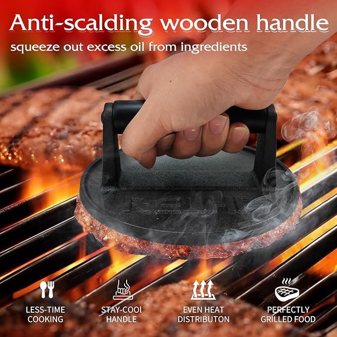 Burger Press 6.5" Round Smash Burger Press Heavy-Duty Cast Iron Smash Burger Press Burger Press with Black Wood Handle Blackstone Burger Press Burger Smasher Cookouts