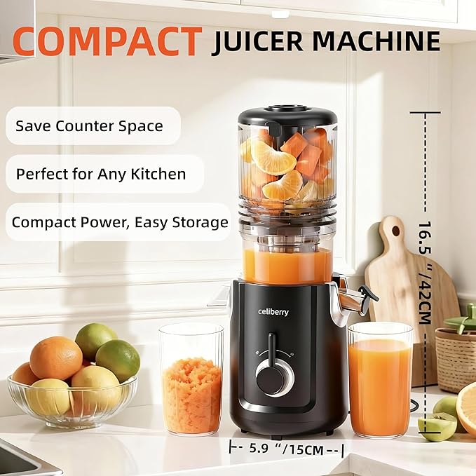 celiberry Cold Press Juicer Machines, 5.3” Large Feed Chute Slow Masticating Juicer for Whole Fruits & Vegetables, Easy Clean, 300W Quiet Juice Extractor, 99% High Juice Yield, Black
