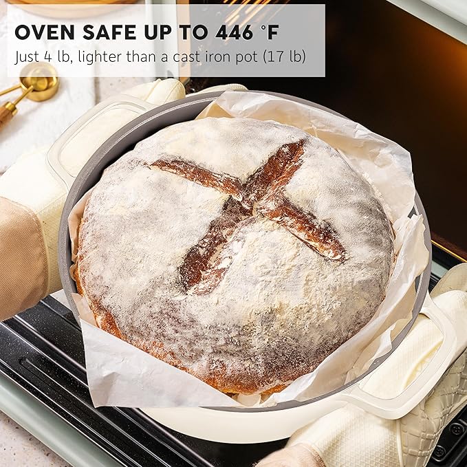 INSETFY Large Dutch Oven Pot with Lid-7.5QT Cast Aluminum Oven Pot with Two Handles Lightweight for Bread Baking Braising and Roasting(Beige)