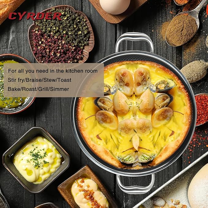 CYRDER 316L Stainless Steel Frying Pan-12inch Hybrid Nonstick Induction Pan with Lid, Two Handle Hold, PFOA Free, Dishwasher Oven Safe, Paella Pan for Stir fry/Toast/Roast/Bake/Stew, 6 Quart
