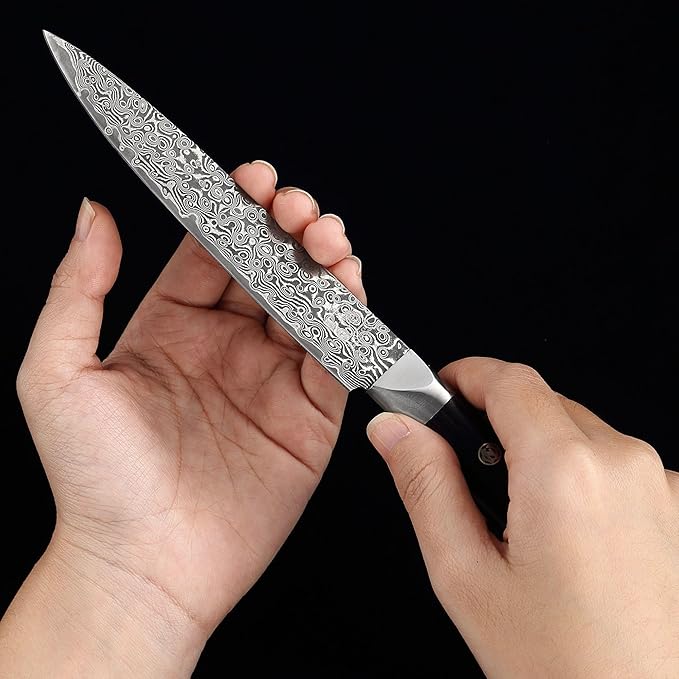 zayiko Black Edition Damascus Utility knife 5-inch blade extremely sharp from 67 layers I Damascus kitchen knives and professional chef's knives made of genuine Japanese Damascus with Pakka wood