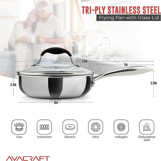 AVACRAFT 8 Inch Tri-Ply Stainless Steel Frying Pan with Lid, Side Spouts, Induction Pan, Versatile Stainless Steel Skillet, Fry Pan in our Pots and Pans (Tri-Ply Stainless Steel, 8 Inch)