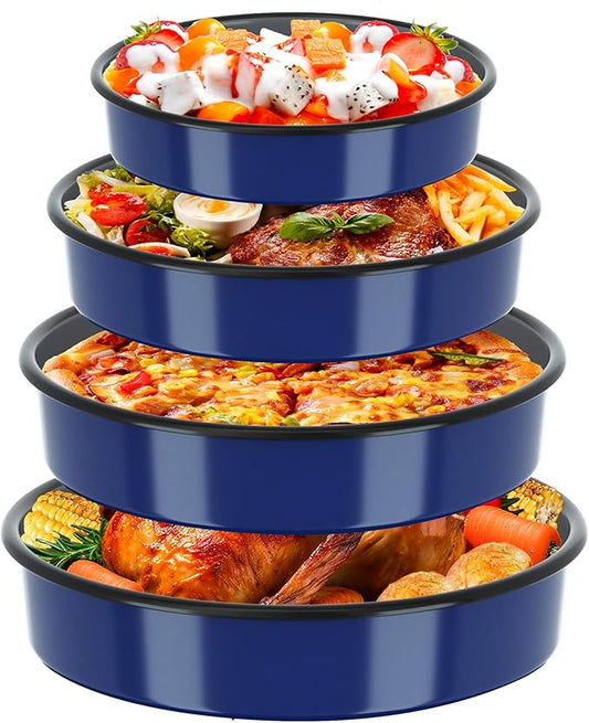 MCCSI Baking Pans Set Round Roasting Dish 4-Pack 9/10/12/14 Inch Enamel Non Stick Large Bakeware for Cake Bread Pie Pizza Ham Turkey, Non-Toxic Oven Dishwasher Safe Mother's Christmas Gift Cookware
