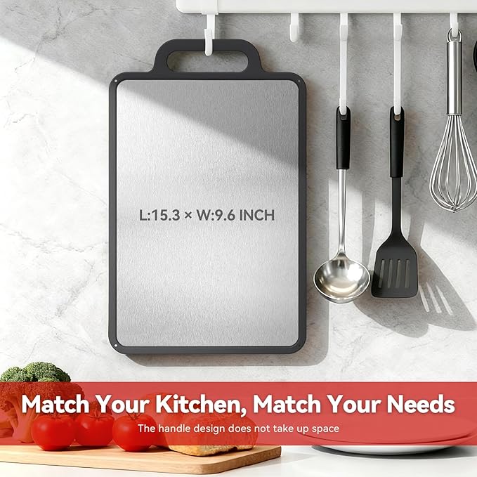 Double-Sided Solid Stainless Steel Cutting Board for Kitchen, 304 Grade & Dishwasher Safe - Non-Slip with Juice Groove, Perfect for Meat and Veggies, 15.3x9.6 Inch (Stainless Steel Color)