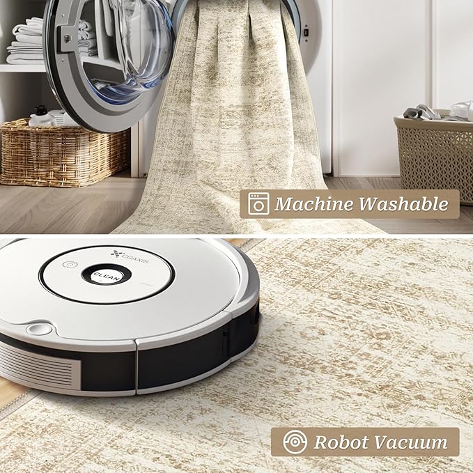 Washable Runner Rug 2.5x12, Non-Slip Long Bathroom Rugs Runner for Kitchen, Living Room, Bedroom, Soft Vintage Washable Rug for Entryway, Thin Floor Mat for Dining Room(2.5'x12', Beige/Ivory)