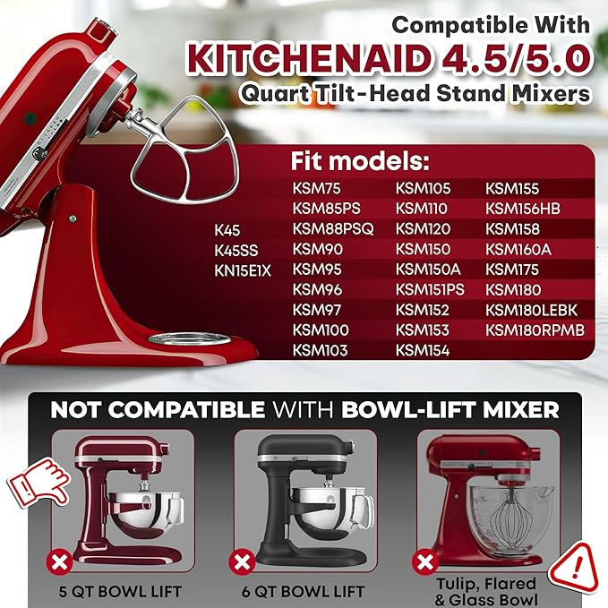 KAROXY Stainless Steel Flat Beater for KitchenAid 4.5 & 5.0 Qt Tilt-Head Mixer, Paddle Attachment for K45SS, Dishwasher Kitchen Aid Paddle Replacement Attachment