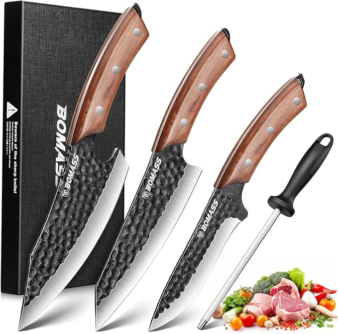 Kitchen Knives, Hand Forged Japanese Knife Set 3Pcs, High Carbon Butcher Knife & Santoku Knife & Boning Knife & Honing Rod for Home Kitchen, BBQ, Outdoor Cooking