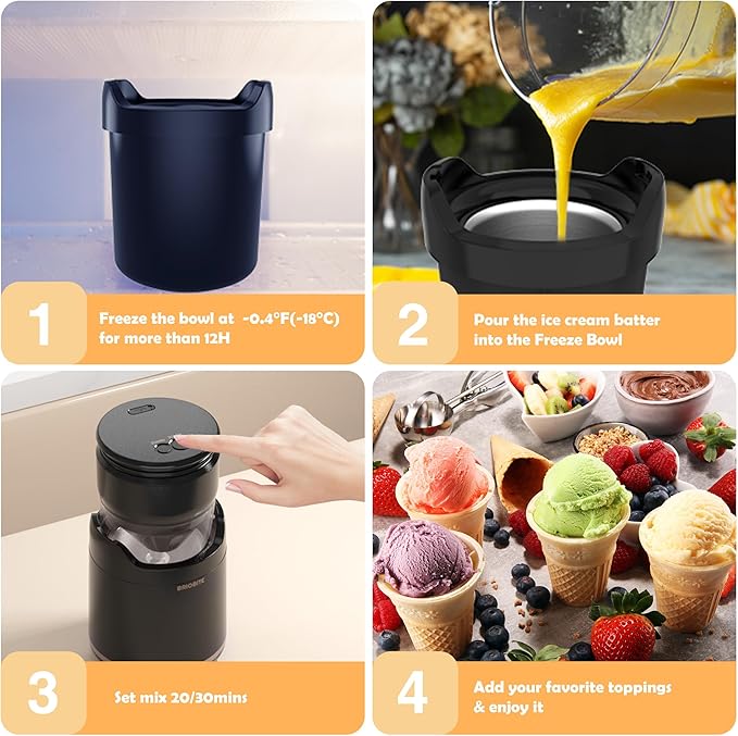 Ice Cream Maker Machine – Premium Mini Electric Maker Machine with Low-Noise Operation, Rechargeable,Perfect for Gelato, Sorbet & Frozen Yogurt, Easy to Clean,Black