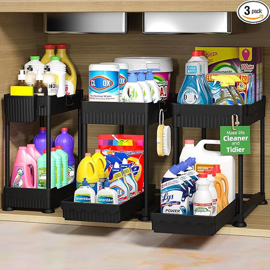 3 Pack Under Sink Organizers,2-Tier Multi-Use Kitchen and Bathroom Organizers and Storage with Sliding Drawers,Bathroom Cabinet Organizer (Black,12.8 Inch)