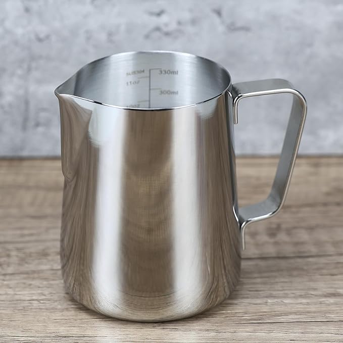 EIKS Stainless Steel Measuring Cup Steaming Pitcher Milk Frothing Jug with Handle, Pour Spout and ML/Ounce Scale (350ml)