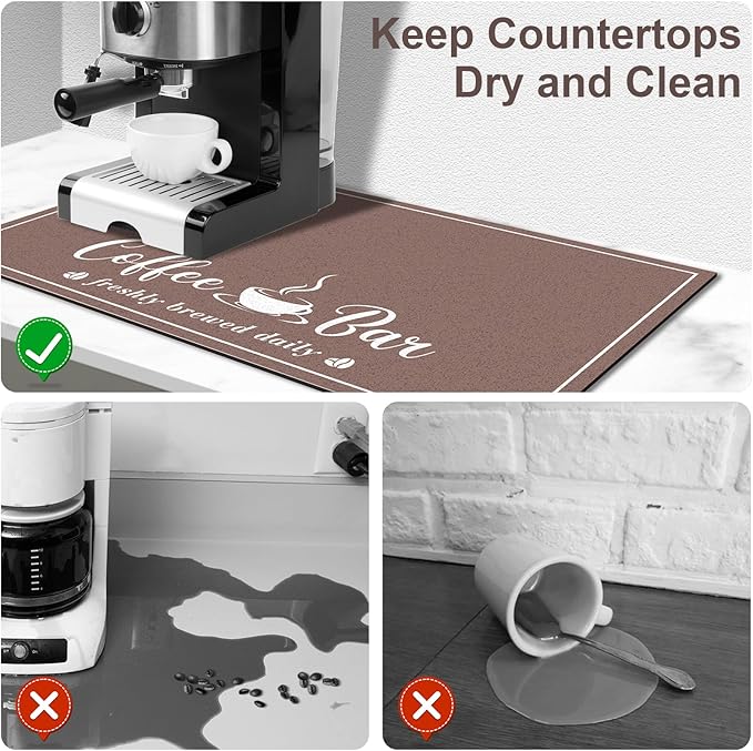 Absorbent Coffee Mat, Fashion Dish Drying Mat for Kitchen Counter Coffee Bar Accessories Espresso Machine Dish Rack 12" x 20" Brown