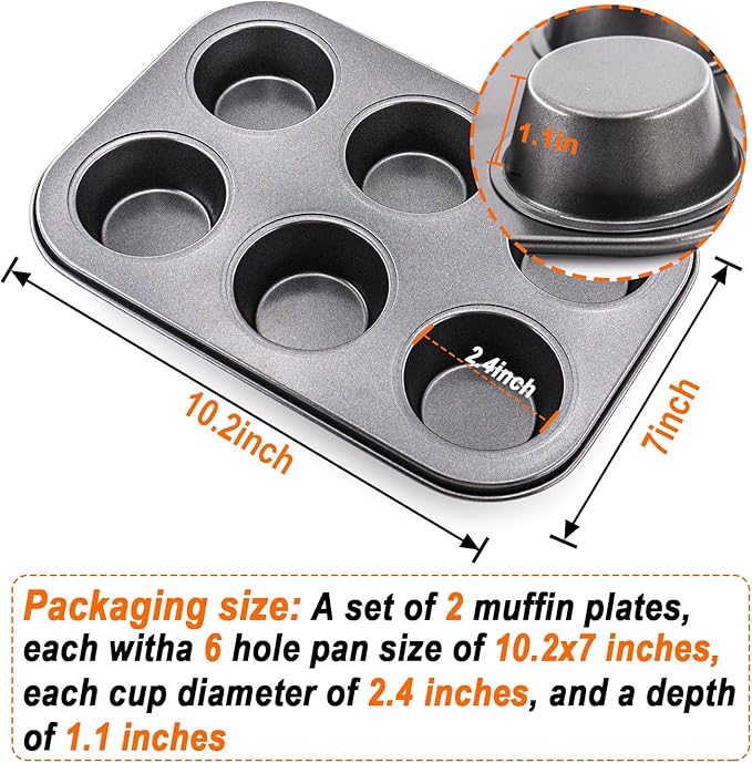 DRAONGYE 2 Packs Round Muffin Baking Pan, Premium Steel Muffin Pan for Baking, Cupcake Tin Cheesecake Pans, Bakeware Muffin Top Pan (6 Cups,Black)