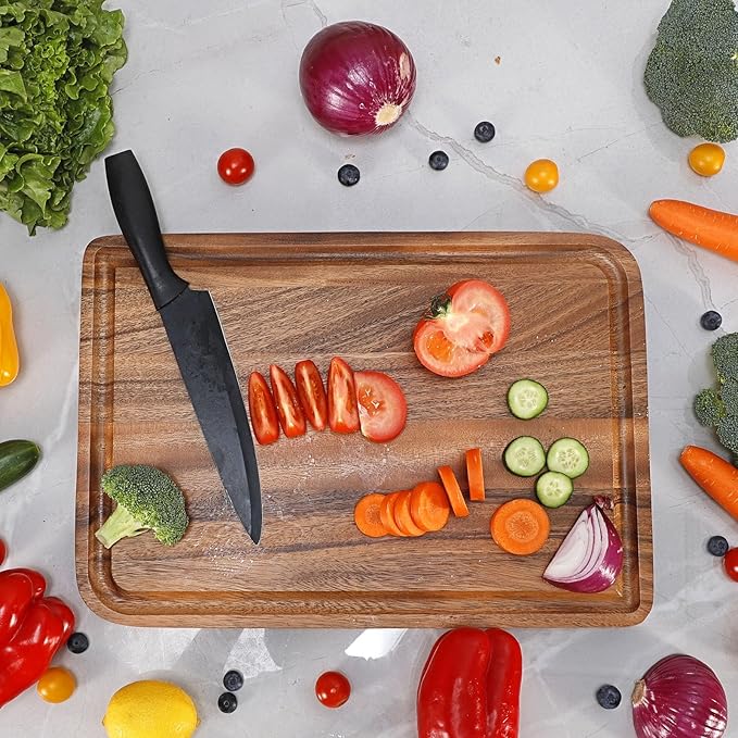 Acacia Wood Cutting Board for Kitchen - Caperci Organic Wooden Chopping Serving Board with Deep Juice Groove for Meat (Butcher Block) Veggies, Fruit and Cheese, 17 x 12"