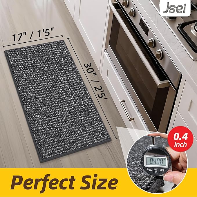 JSEI Kitchen Rugs, 17''x30'' Non-Slip Kitchen Mats for Floor, Machine Washable Absorbent and Stain Resistant Kitchen Runner, Carpet Mats with TPR Backing for Kitchen, Charcoal