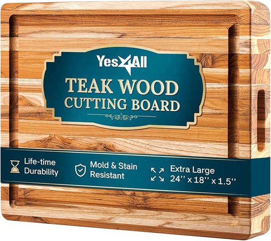 Yes4All Plus Large Edge Grain Teak Cutting Board for Kitchen, 24''L x 18''W x 1.5''Thick, Durable Wood with Juice Grooves, Pre-Oiled, Easy Grip Handles, Ideal for Chopping and Serving