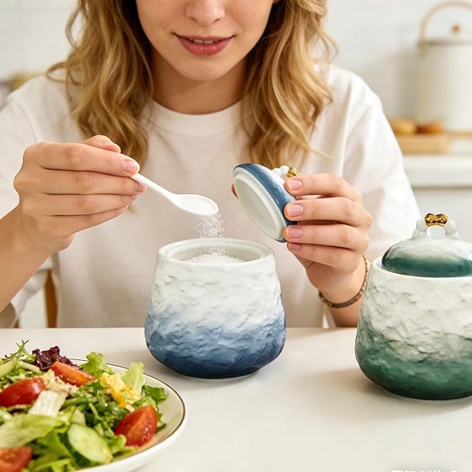 Ceramic Sugar Bowl with Lid and Spoon,12oz Sugar Bowl with Gradient Texture, Sugar Container with Lid and Spoon Sugar Jar for Coffee Station Accessories,Dishwasher & Microwave Safe,Blue