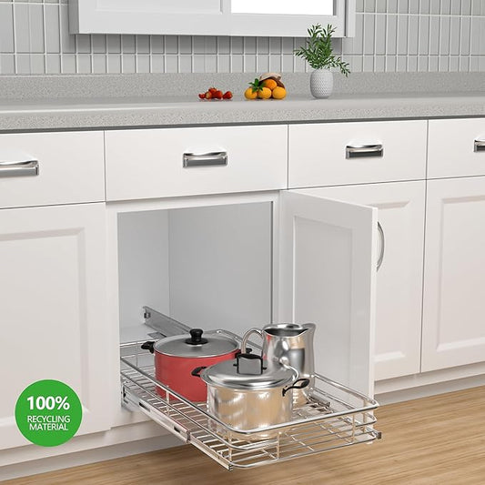 Pull Out Cabinet Organizer (13.4" W x 21" D), Put Out Shelves for Kitchen Cabinets, Roll Out Drawers Heavy-Duty Metal Sliding Shelf, Bottom Mount