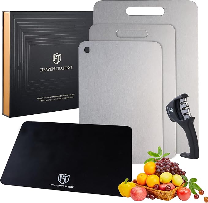 5 Pcs, Stainless Steel Cutting Board Set, with Sharpener & Silicone Mat - Non Toxic, Metal Cutting Boards for Kitchen, Luxury Gift for Home Chefs & Cooking Lovers - HEAVEN TRADING