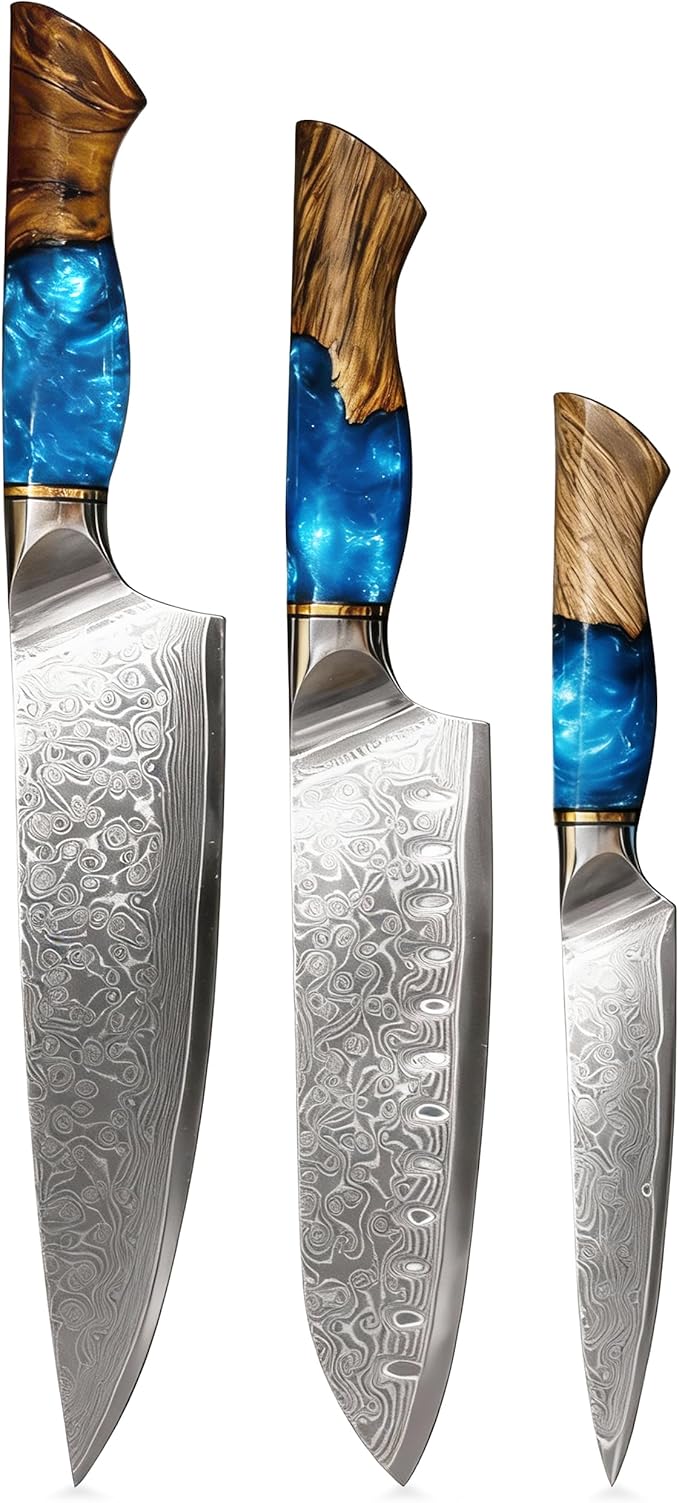 Damascus Kitchen Knife Set, 67-Layer Damascus Steel, 3-Piece Professional Set: 13” Chef, 12.3” Santoku & 9.8” Utility Knife, Ergonomic Wood & Resin Handle, Ideal for Gifting (Blue, 3 pieces)