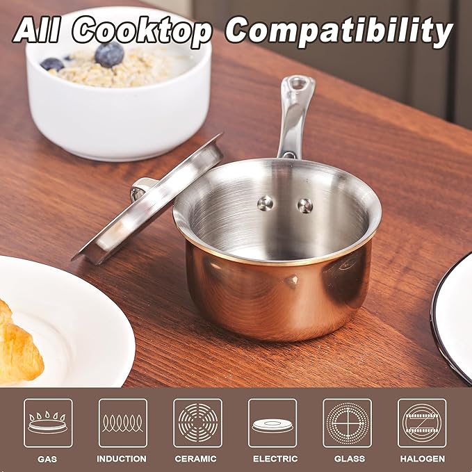 KC-Emier Mini Sauce Pan with Lid, Tri-Ply Stainless Steel Pot with Stay-Cool Handle & All Cooktop Compatibility (Gas, Ceramic, Electric) - Copper