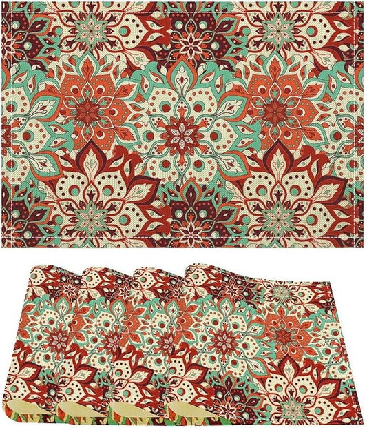 Mandala Placemats Set of 4 Vintage Bohemia Brown Turquoise Flower Art Printed Dining Table Mats for Restaurant Home Kitchen Holiday Picnic Party Decor 12x18in