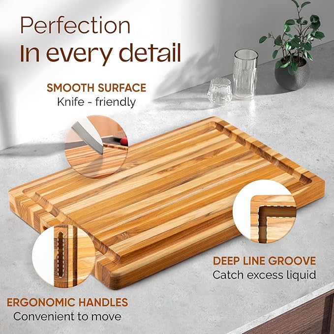 Yes4All Plus Large Edge Grain Teak Cutting Board for Kitchen, 24''L x 18''W x 1.5''Thick, Durable Wood with Juice Grooves, Pre-Oiled, Easy Grip Handles, Ideal for Chopping and Serving
