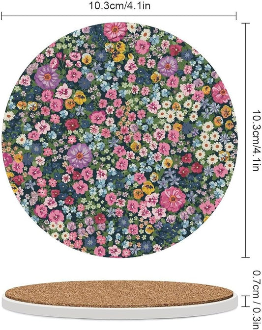 Floral Drink Coasters, Round Ceramic Drink Coaster Round-4PCS, Cartoon Abstract Wildflower Nature Plant Colorful Floral Decor Absorbent Ceramic Coasters for Beverage Cup, Bar, Coffee Table