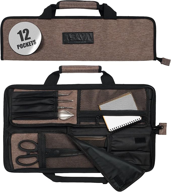Asaya Chef Knife Roll Bag - 12 Pockets for Knives and Kitchen Utensils - Lightweight, Durable, and Stain Resistant Nylon - Perfect for the Traveling Chef - Knives not Included