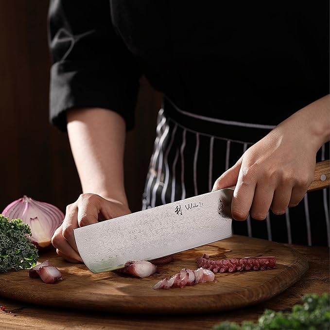 Wakoli Oribu Damascus Nakiri Knife – Full Tang Kitchen Knife | 7-Inch Blade Made of 67-Layer Damascus Steel with AUS-10 Core | Ergonomic Olive Wood Handle | Sharp & Durable