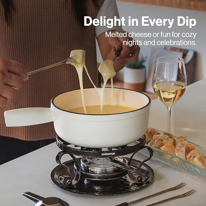 Swissmar Lugano Cast Iron Cheese Fondue Pot Replacement, 2 QT / 2 L – Compatible with Swissmar Lugano Fondue Sets – Ideal for Melting Cheese, Chocolate, & Caramel – Matte White
