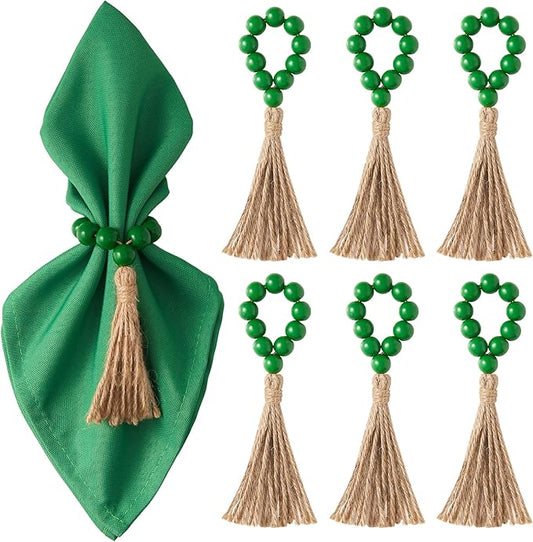 APTWOW Napkin Rings Set of 6, Green Wooden Bead Napkin Rings for Table Decor, St Patricks Day Farmhouse Napkins Rings for Boho Table Decor, Spring Banquet, Wedding, Holiday Dinner Party, Easter