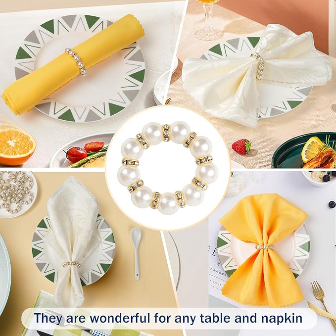 Gold Napkin Rings 20Pcs, Imitation Pearl Napkin Rings Napkin Holder, Elegant Rhinestone Gold Beaded Serviette Buckles for Weddings, Party Supplies & Fancy Table Decor (White and Gold, 20Pcs)