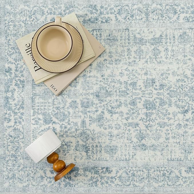 Blue Runner Rug 3x10 Hallway Machine Washable Kitchen Vintage Distressed Non Slip Long Carpet Indoor Retro Floral Bedroom Accent Throw Rug for Bathroom Office Laundry Dining Room